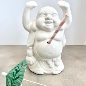 Vintage Laughing Happy Buddha Tiki White Ceramic Cocktail Mug Planter Decor